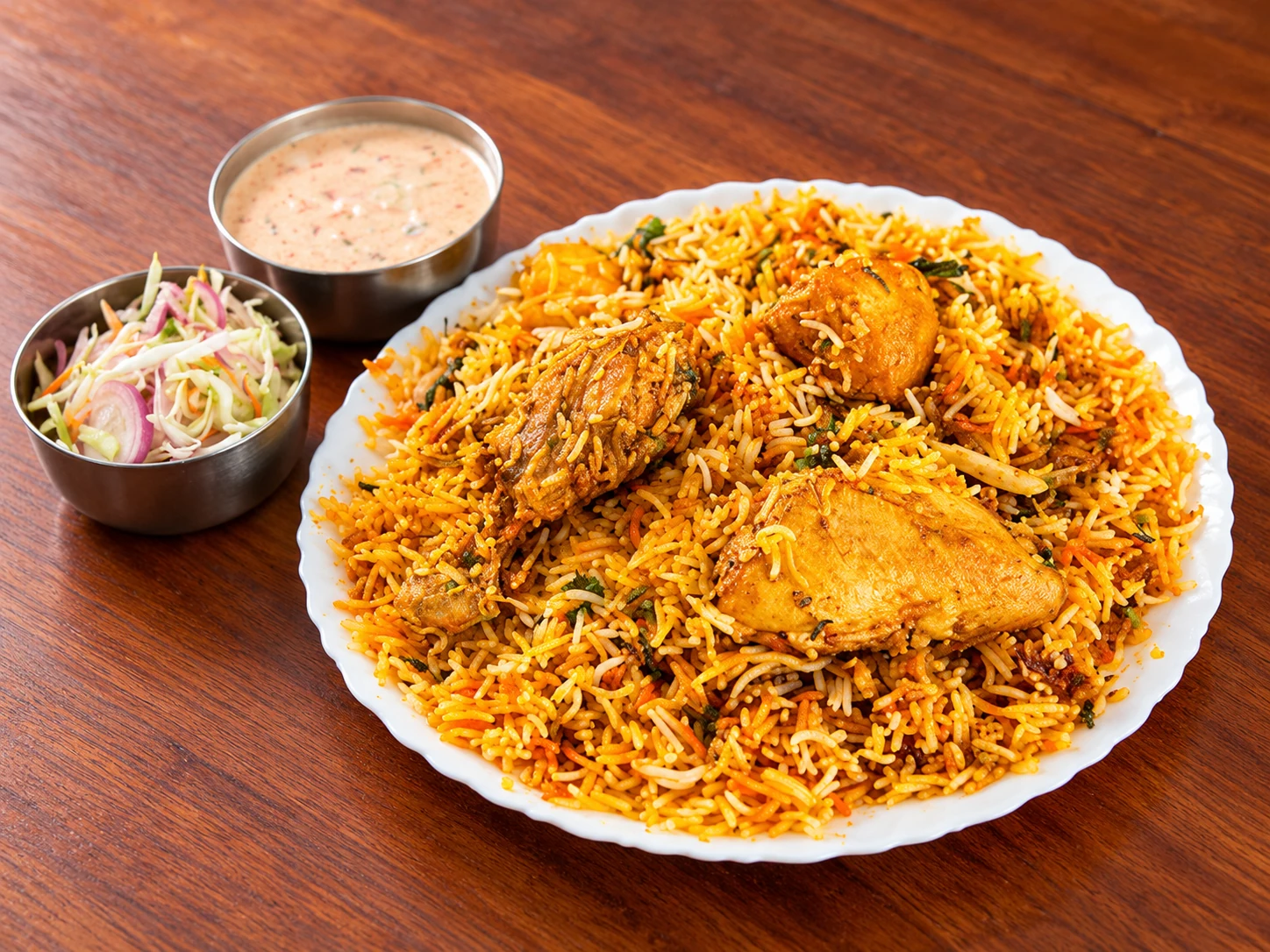 Chicken Masala Biryani with raita and kachumber, enhanced from Bali’s actual serving